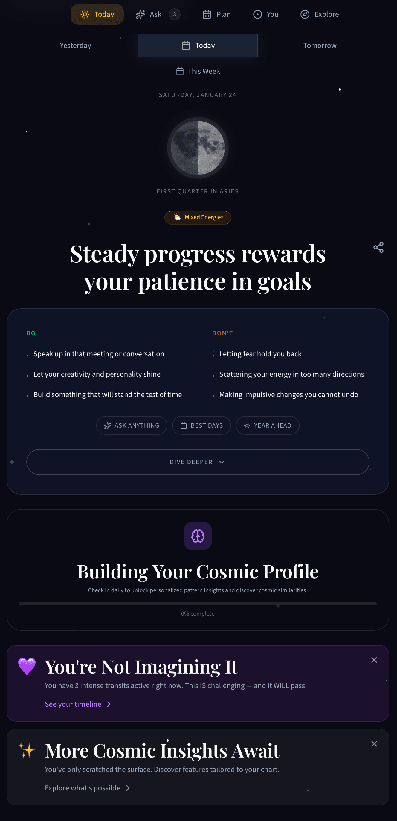 Cosmic Copilot app showing personalized daily guidance with do and don't recommendations
