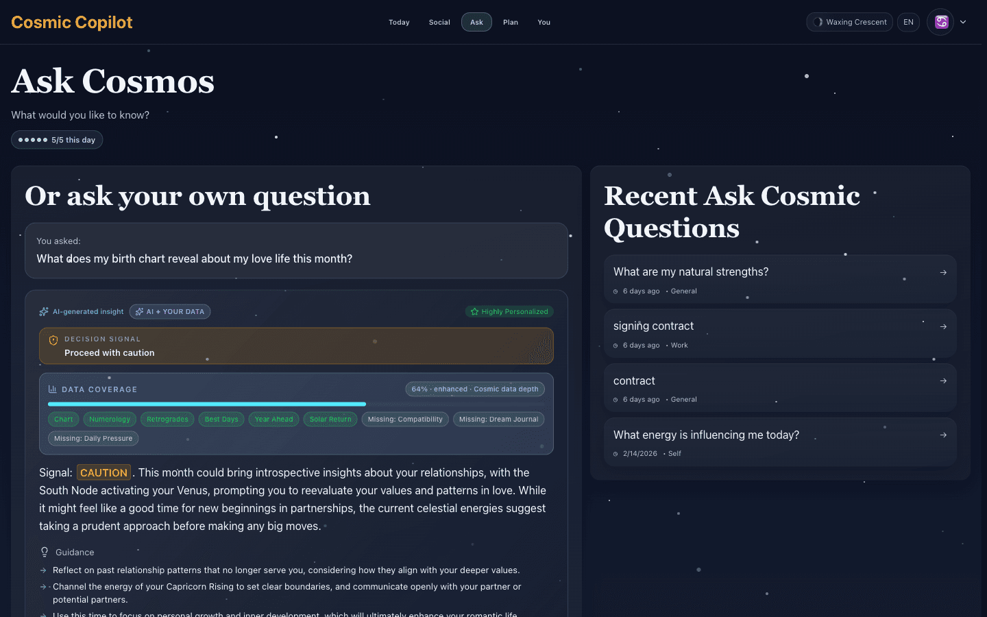 Ask Cosmos AI respondiendo una pregunta de astrología personalizada usando datos de la carta natal