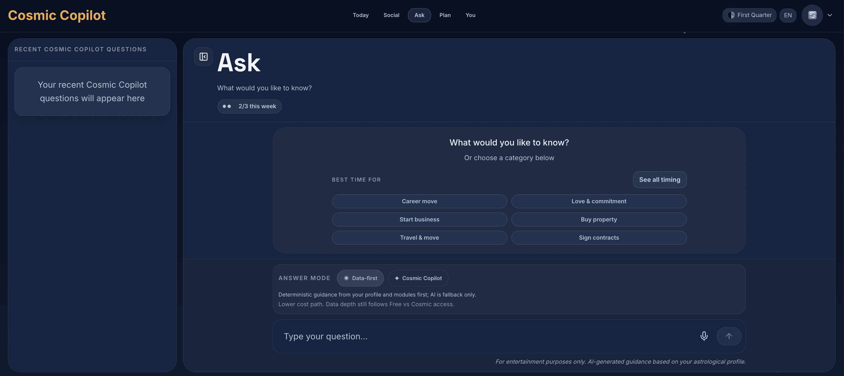 Ask Cosmos AI respondiendo una pregunta de astrología personalizada usando datos de la carta natal