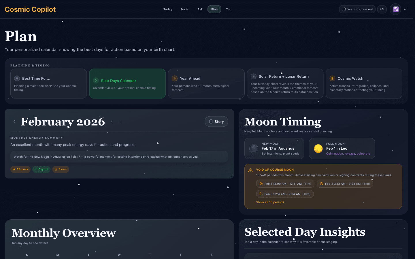 Cosmic Copilot best-days calendar showing day-type ratings, timing windows, and active-transit cards for the next 14 days.